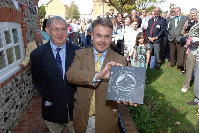 East Worthing and Shoreham MP Tim Loughton with the commemorative tablet and Nigel Divers, Southwick Society secretary
