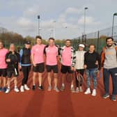 Tennis pro Mark Petchey with Nielson coaches and Southdown Club members on all-weather clay courts | Submitted picture