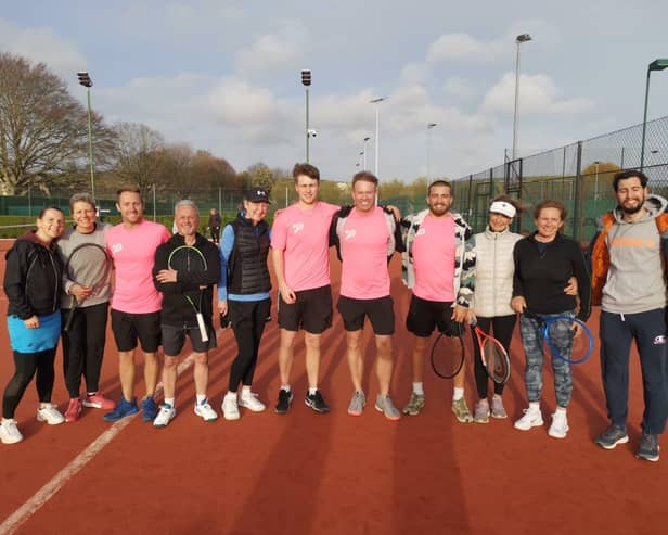 Tennis pro Mark Petchey with Nielson coaches and Southdown Club members on all-weather clay courts | Submitted picture