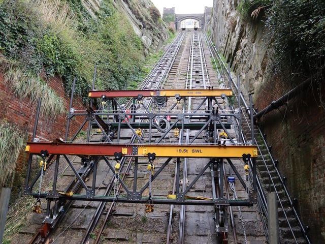 A special platform on rails is being used to carry out the work