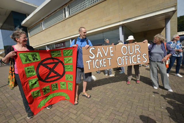 Save Our Ticket Offices rally outside Hastings Railway Station on July 22 2023. The rally was organised by Hastings & District Trades Union Council.