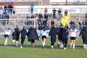 Lewes players celebrate the vicotry over Cardiff at the Dripping Pan - now Manchester United Women are set to visit | Picture: James Boyes