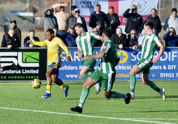 Action from Lancing v Chichester City in the Isthmian south east division