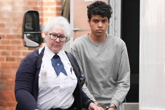 A Sussex teenager accused of murdering his father and attempting to kill a woman and a boy has been pictured arriving at court in handcuffs.