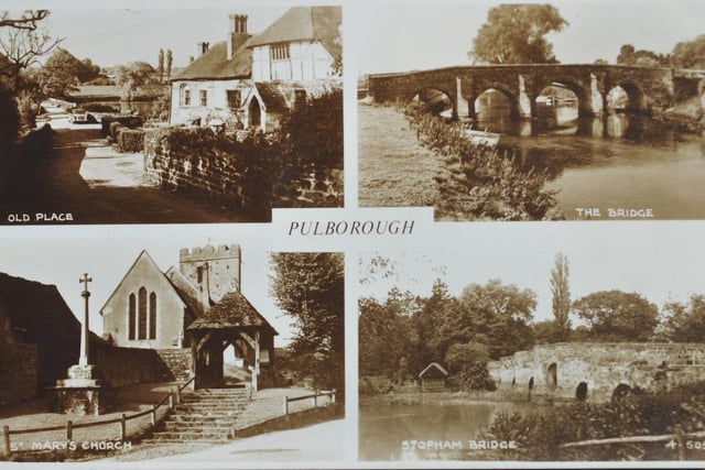 The Pulborough postcard shows Old Place, St Mary's Church, 'the bridge' and Stopham Bridge