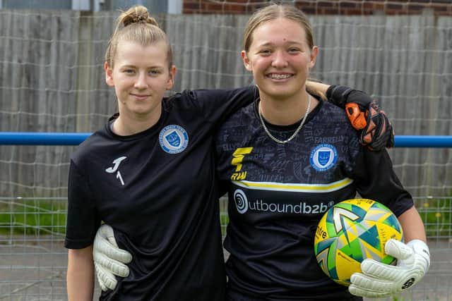 Two of the Haywards Heath Town Women's players in the new kits, sponsored by Outbound b2b | Picture: Ray Turner