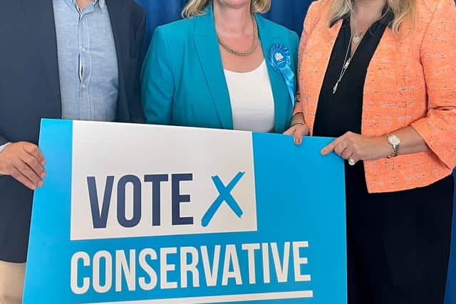 Kristy Adams (centre), the Conservative Party's new parliamentary candidate for Mid Sussex, with Arundel and South Downs MP Andrew Griffith and current Mid Sussex MP Mims Davies (Photo contributed)