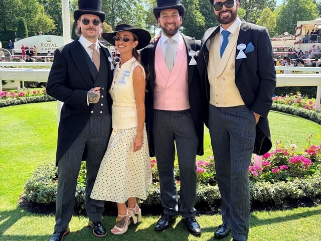 Rylan Clark (right) wearing a Dobell suit with his boyfriend Kennedy Bates and friends at Royal Ascot in June. Photo: contributed