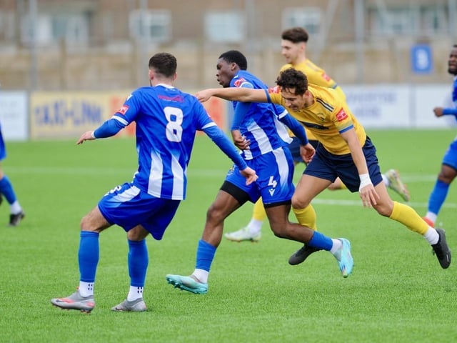Action from Lancing FC's 1-0 home loss to East Grinstead Town in the Isthmian south east division