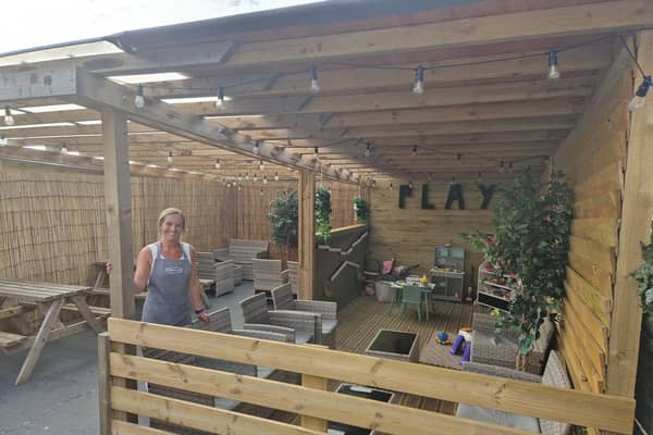 Owner Kerrie Pelling in the large garden at Presh-Eat in Shoreham