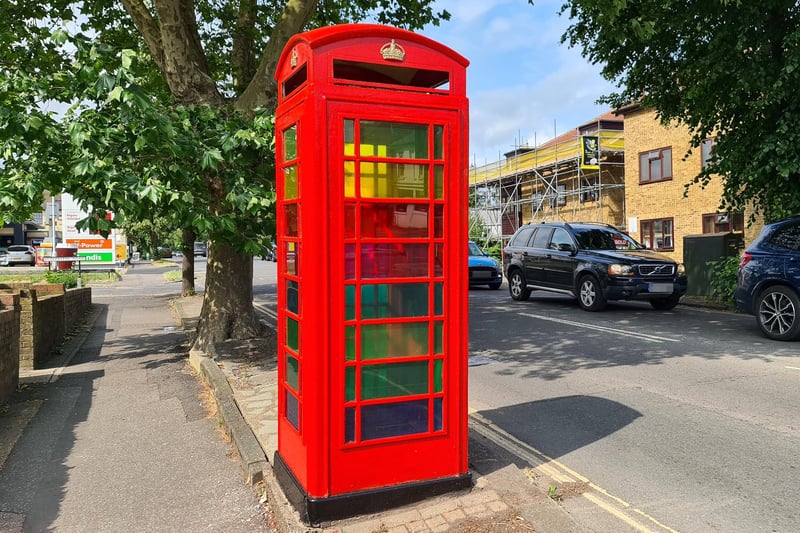The 'rainbow' phone box in London Road, Burgess Hill