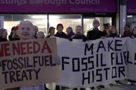 Cclimate campaigners demanding a #FossilFuelTreaty  earlier this year (Photo by Divest East Sussex)
