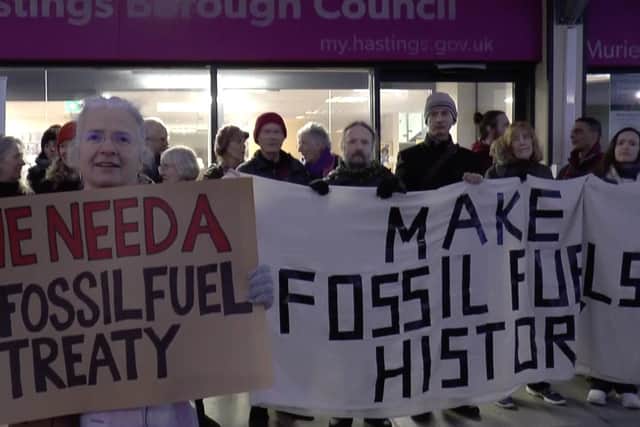 Cclimate campaigners demanding a #FossilFuelTreaty  earlier this year (Photo by Divest East Sussex)