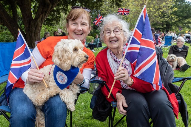 Iris Camp, 92, celebrating her second Coronation at Hotham Park with Daughter Debbie Camp and dog Jazz.