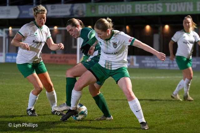 Action from Bognor Regis Town Women v Ashford United Women in the semi-final of the Isthmian Cup at Nyewood Lane