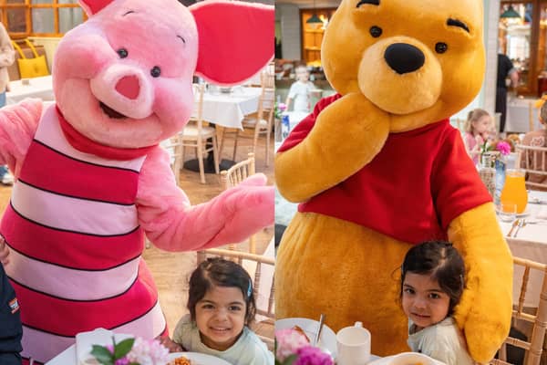 Isadora, age 3, pictured with the characters from Winnie the Pooh (Images: Joe Howarth/Make-A-Wish UK)