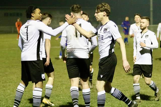 The Pirates celebrate the third and clinching goal against Midhurst in midweek | Picture: Joe Knight