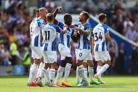 Brighton midfielder Moises Caicedo celebrates his goal against Leicester in the Premier League