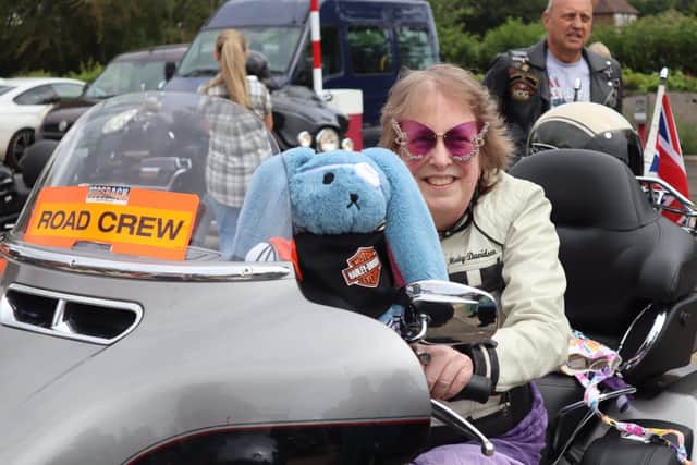 Beverly, patient at St Wilfrid's Hospice before her ride on a Harley Davidson