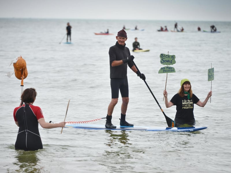Surfers Against Sewage Paddle-Out protest in Hastings on May 18 2024.