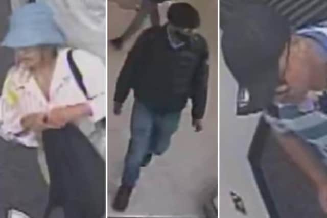 Sussex Police would like to speak to five individuals as part of an investigation into the theft of eight high-value watches from the F Hinds jewellery store in County Mall, Crawley. Pictures courtesy of Sussex Police