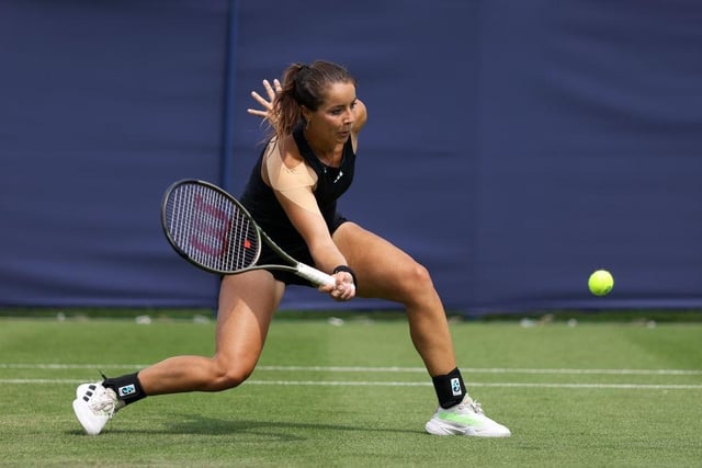 EASTBOURNE, ENGLAND - JUNE 26: Jodie Burrage of Great Britain plays a forehand against Lauren Davis of United States in the Women's Singles First Round match during Day Three of the Rothesay International Eastbourne at Devonshire Park on June 26, 2023 in Eastbourne, England. (Photo by Charlie Crowhurst/Getty Images for LTA):Action from Monday's play at the Rothesay tennis international at Devonshire Park, Eastbourne