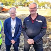 Lee Snelling (Project Manager, MCS group Ltd), Stuart Condie (Burgess Hill Town Mayor), and Andrew Crabb (Head of Business, Porsche Mid Sussex), marking the start of construction work at the new Porsche Centre, Burgess Hill. | Hollie Robards/Iconic Media Group