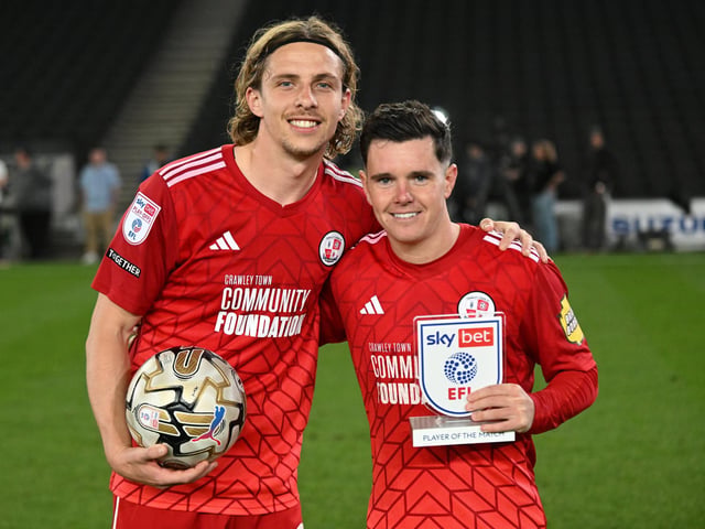 Hat trick hero Crawley Town forward Danilo Orsi (9) with man of the match Crawley Town midfielder Liam Kelly (4) and his trophy during the EFL Sky Bet League 2 play-off second leg match between Milton Keynes Dons and Crawley Town at stadium:mk, Milton Keynes, England on 11 May 2024.:Crawley Town hammered MK Dons 5-1 - and 8-1 on aggregate - to reach the League Two play-off final Wembley. Photographer Dennis Goodwin/Pro Sport Images was there to catch the action, the crowd and the celebrations
