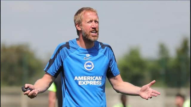 Graham Potter keeps a close eye on his new players during Brighton's pre-season training session