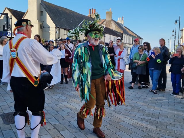Sompting Village Morris celebrating May Day 2025 in Shoreham, where a large crowd gathered at 7am to watch to fun