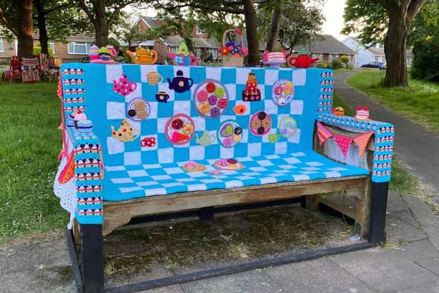 A beautiful bench at Two Acres created by East Preston Yarnbombers