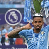 Gabriel Jesus of Manchester City lifts the Premier League trophy after their side finished the season as Premier League champions (Photo by Shaun Botterill/Getty Images)