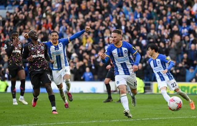 Brighton and Hove Albion midfielder Alexis Mac Allister celebrates his crucial penalty against Brentford