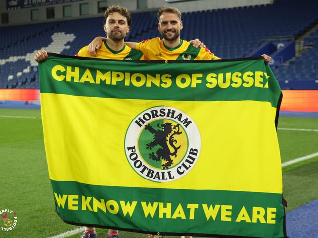 James Hammond’s majestic 95th minute free-kick clinched Horsham FC’s first league and Sussex Senior Cup double in the club’s history