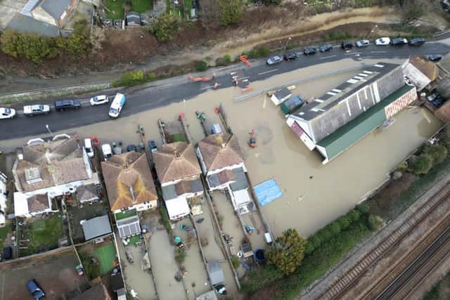 An aerial view of the flooding caused by a sewage leak in Bulverhythe Road, St Leonards. Picture by Chris Ludlow