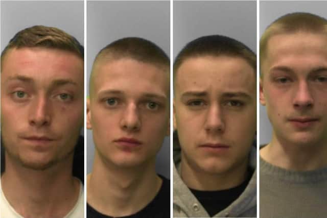 Detectives want to trace and interview (left to right): Charlie Banks, 23, Joshua Lemon, 21, Adam Charlton, 18, and Haydyn Russell, 18, about the incidents in Rye, Bexhill and Hastings. Photo: Sussex Police