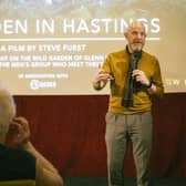 Steve Fust speaking at the film's crowd funding launch at Hastings' Electric Palace.