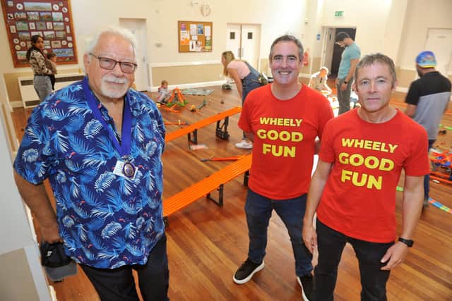 Wheely Good Fun event at Lancing Parish Hall. Pictured is Lancing Parish Council chairman Mike Mendoza (left) with event organisers Dave Chidley and Mark Kingston. Photo: Steve Robards