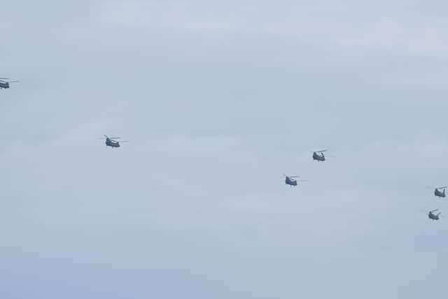 The helicopters flew from Lydd Airport in Kent towards Hastings and Eastbourne before being seen off the coast at Newhaven, Brighton, Worthing and Bognor Regis. Photo: Dan Jessup