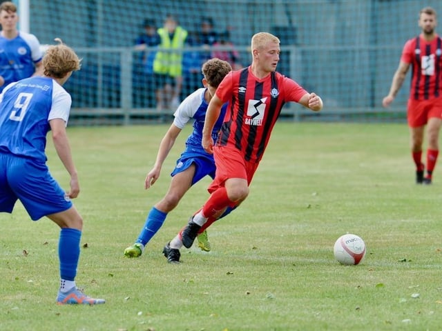 Action from a pre-season friendly between Shoreham and Worthing United at Middle Road