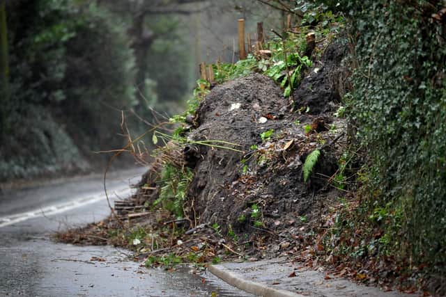 A landslide on the A29 London Road in Pulborough has made it necessary to close the road and some people have been using nearby residential roads as cut throughs. Pic S Robards SR2301031