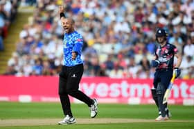 Tymal Mills of Sussex Sharks celebrates the wicket of Jordan Cox of Kent Spitfires during Vitality T20 Blast 2021 Finals Day at Edgbaston (Photo by Harry Trump/Getty Images)