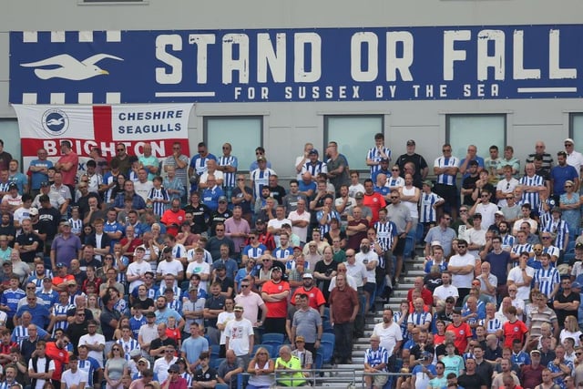 BRIGHTON, ENGLAND - AUGUST 13: Brighton & Hove Albion supporters watch the action during the Premier League match between Brighton & Hove Albion and Newcastle United at American Express Community Stadium on August 13, 2022 in Brighton, England. (Photo by Steve Bardens/Getty Images)