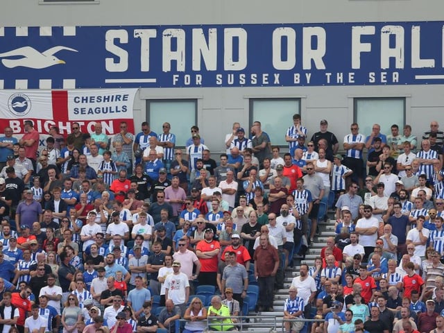 BRIGHTON, ENGLAND - AUGUST 13: Brighton & Hove Albion supporters watch the action during the Premier League match between Brighton & Hove Albion and Newcastle United at American Express Community Stadium on August 13, 2022 in Brighton, England. (Photo by Steve Bardens/Getty Images)