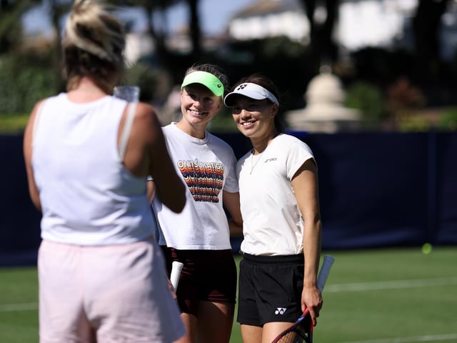 Harriet Dart and Yuriko Lily Miyazaki poses for a photo after a practice session on day one of the Rothesay International Eastbourne at Devonshire Park (Photo by Charlie Crowhurst/Getty Images for LTA) : Qualifiers at Eastbourne's Rothesay International