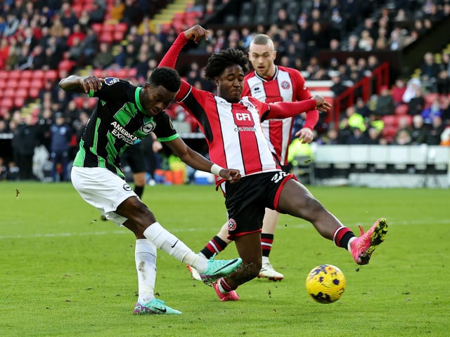 SHEFFIELD, ENGLAND - FEBRUARY 18: Simon Adingra of Brighton & Hove Albion scores his team's fifth goal during the Premier League match between Sheffield United and Brighton & Hove Albion at Bramall Lane on February 18, 2024 in Sheffield, England. (Photo by David Rogers/Getty Images)