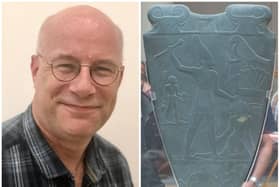 Aidan Dodson (Picture: Eric Beadel) and the Narmer Palette, one of the greatest treasures of the Egyptian Museum in Cairo, depicting King Narmer, the pharaoh who founded the First Dynasty, almost 5,000 years ago (Picture: Ahmed Amin)