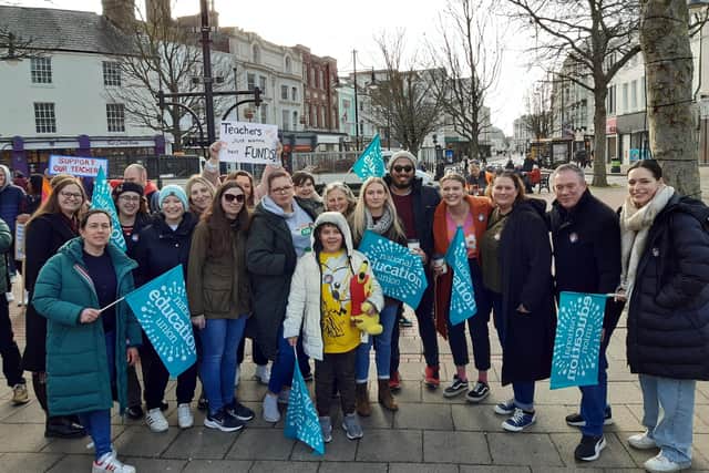 Staff from Durrington High School, pictured at the rally, say conditions in teaching are almost untenable