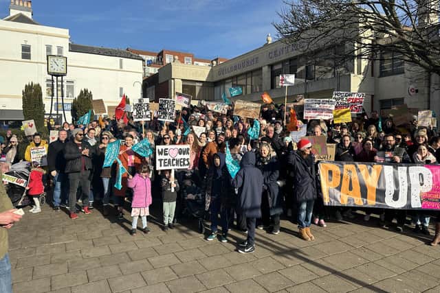 Striking teachers and supporters rallied in Worthing town centre on the first day of action. Picture: Eddie Mitchell