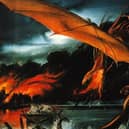 Smaug Destroys Laketown, by John Howe. This artwork will appear at the exhibition